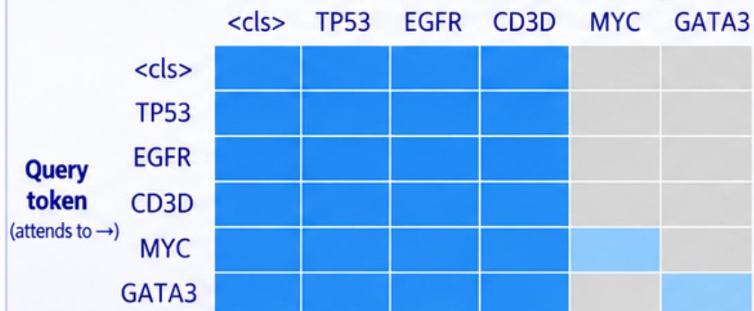 scGPT generative attention mask: known genes attend freely, masked targets attend only to known genes and themselves