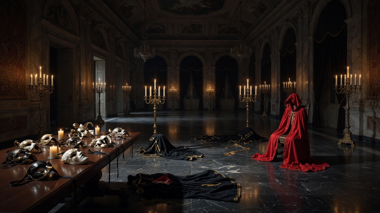 Salón de mansión vacío, máscaras en una mesa, una capa roja en una silla