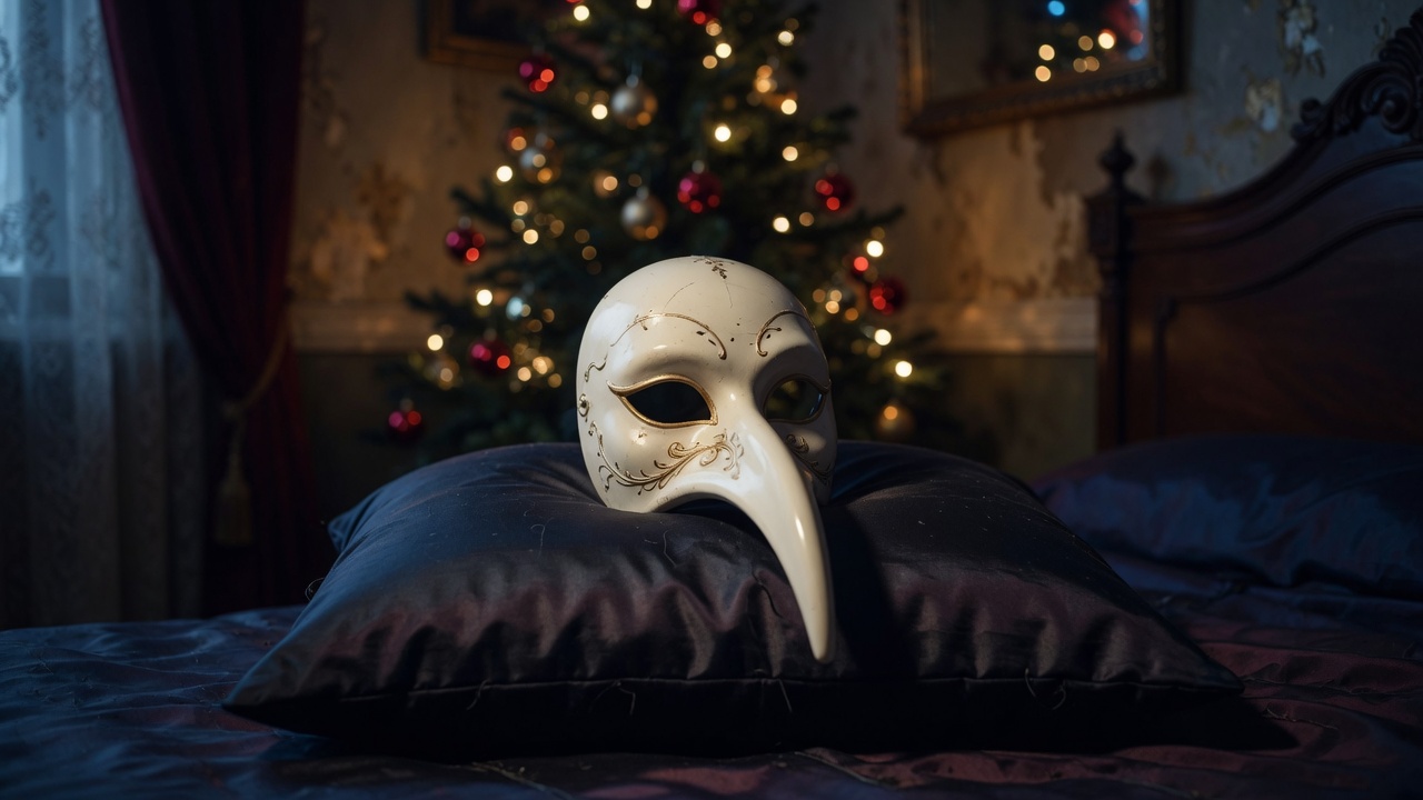 Máscara veneciana sobre una almohada, árbol de Navidad al fondo