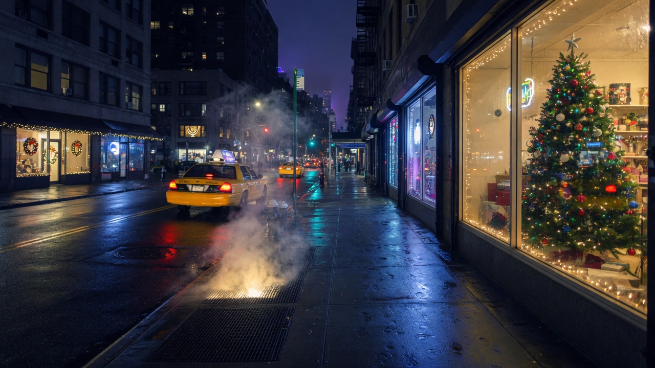 Calle de Nueva York de noche, taxi amarillo, escaparate de Navidad