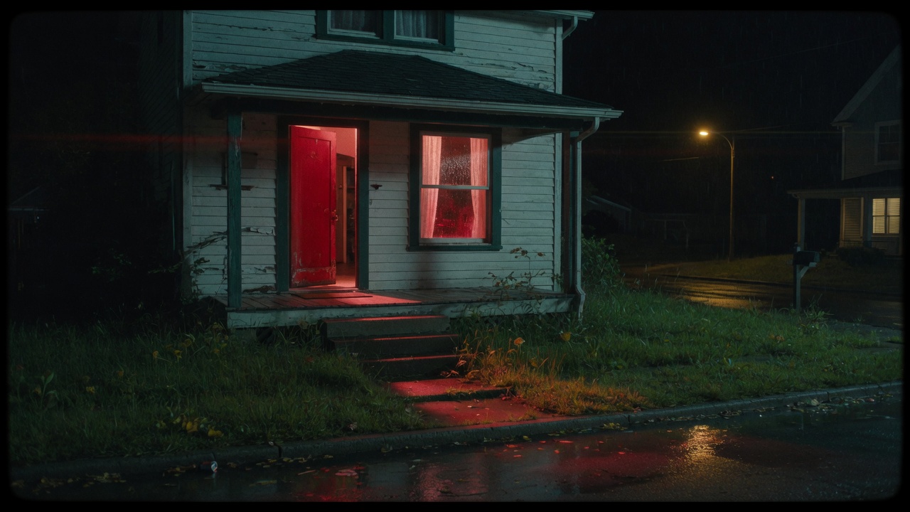 Casa suburbana de noche con una puerta roja abierta y luz roja en el porche