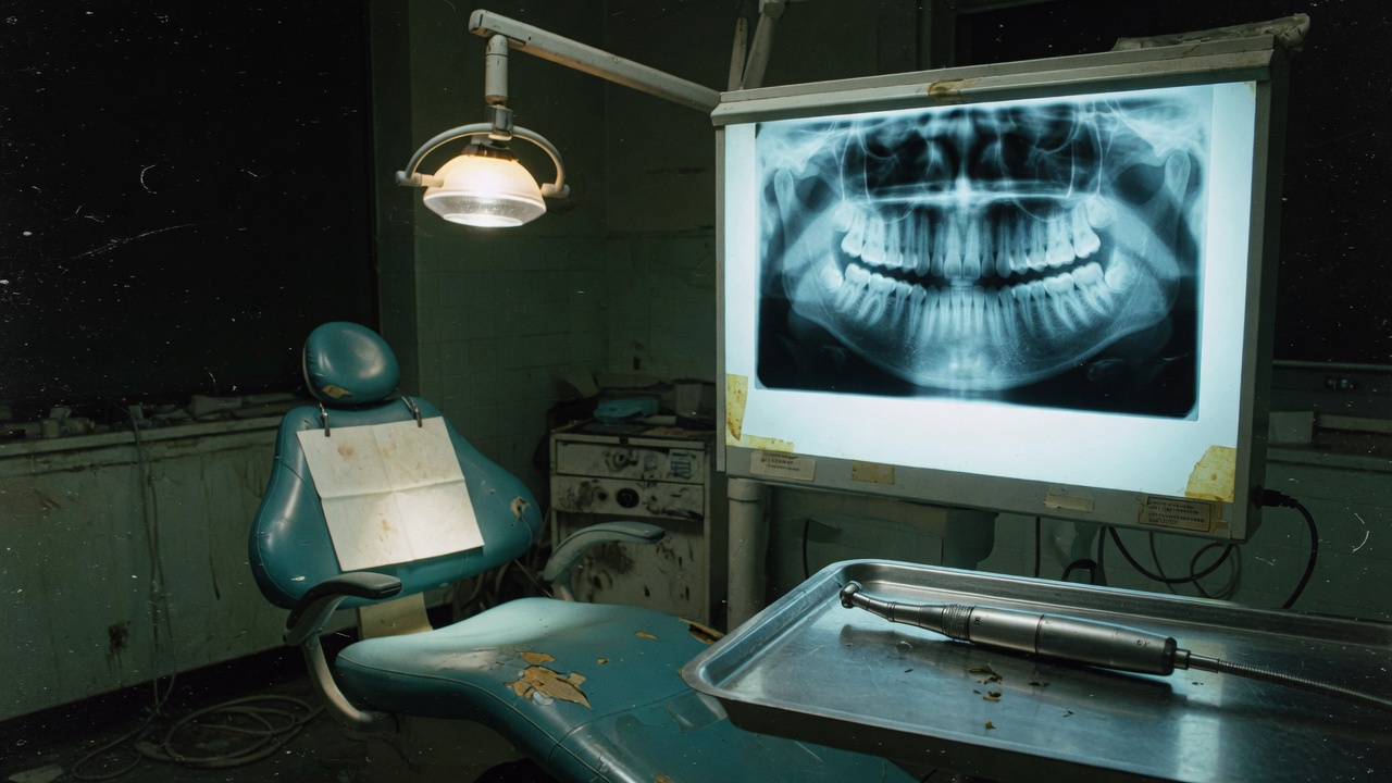 Clínica dental vacía de noche, sillón, taladro y una radiografía de cráneo con demasiados dientes