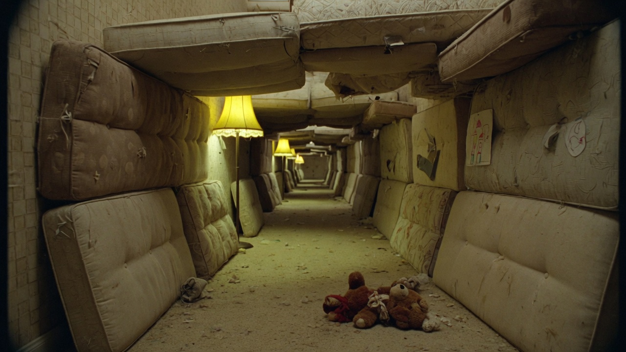 Pasillo claustrofóbico hecho de cojines de sofá beige, con osos de peluche en el suelo