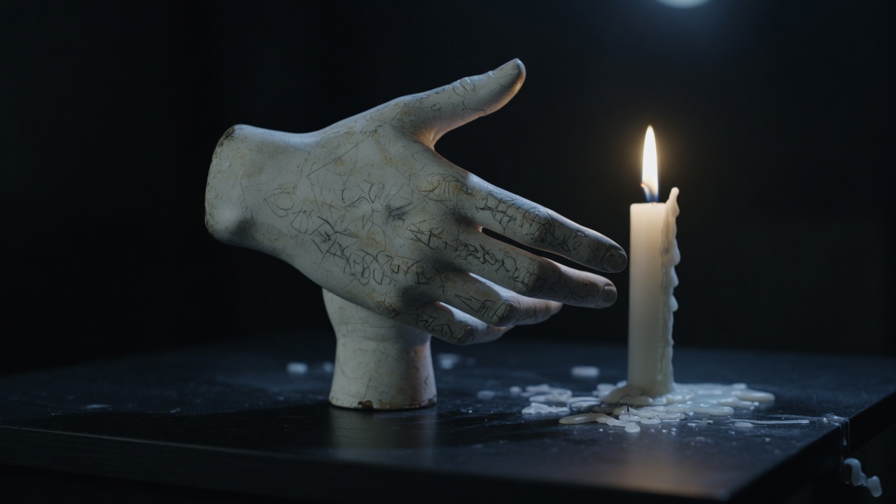 A cracked plaster hand next to a burning candle in the dark