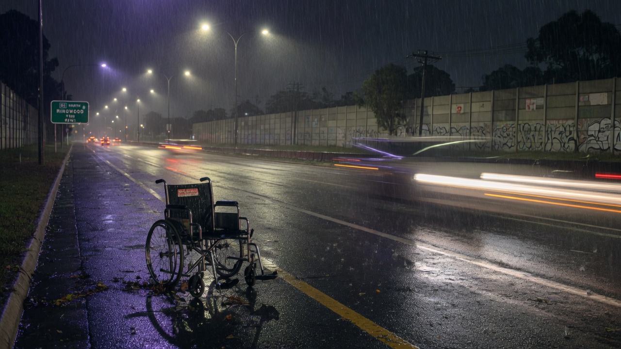 Empty wheelchair on a wet night highway