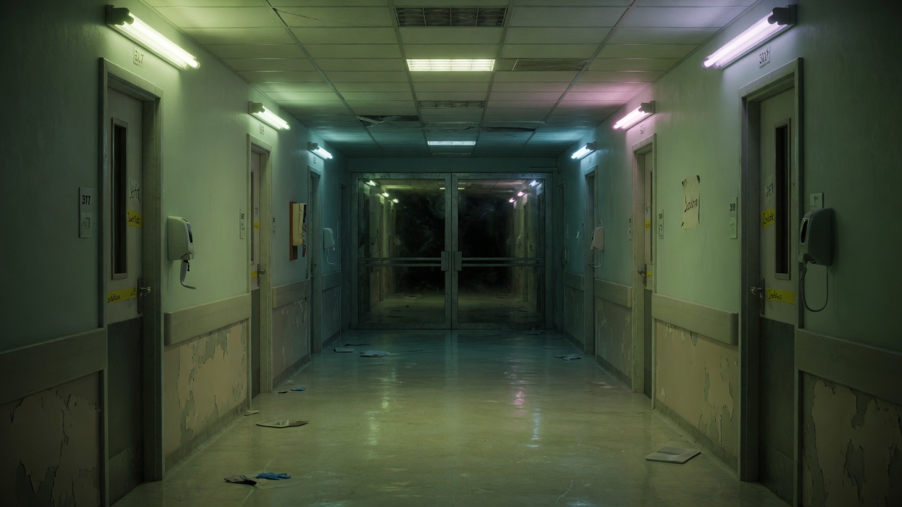 Empty hospital corridor at night, lights still on, nobody there