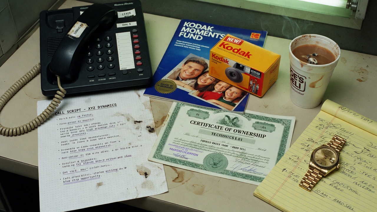 Mesa de cold call de los 90: teléfono de cable, script, folleto de Kodak, certificado de acciones baratas y un Rolex