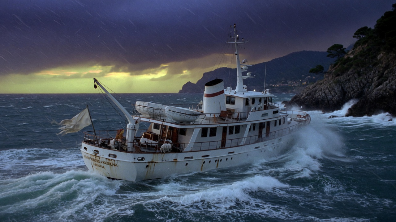 Yate clásico blanco escorado en un temporal frente a una costa rocosa italiana